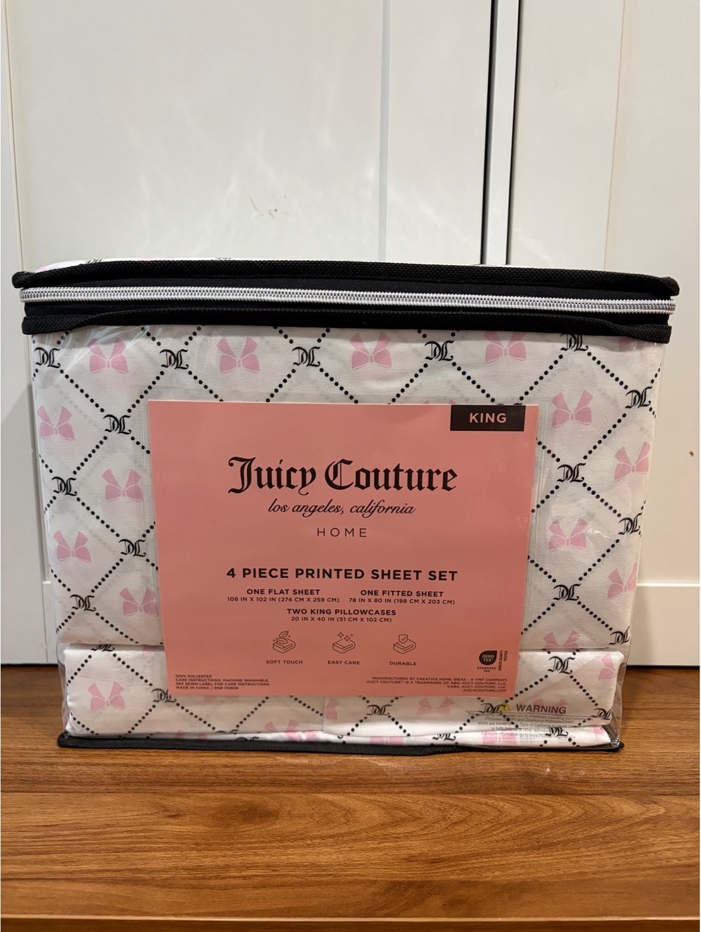 Juicy Couture Full 4-Piece Sheet Set – Pink Bows & JC Logo – New